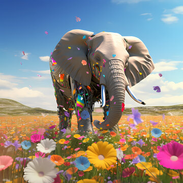 Android elephant peacefully grazing in a meadow of digital flowers.