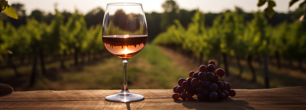 A galss of wine and grapes in a beautyful sunny wineyard