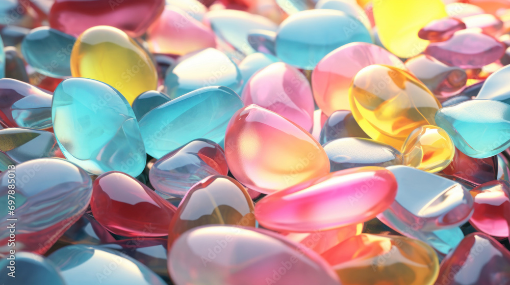Poster macro shot of a pile of multicolored gemstones showcasing a spectrum of colors and translucency.