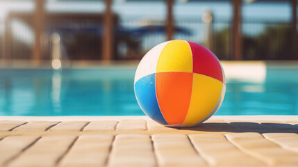 Vibrant colored beach ball on the pool deck in a sunny poolside setting with soft focus background.