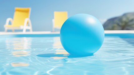 Fototapeta na wymiar A single blue beach ball floats on the water of a sun-drenched pool with loungers in the background.
