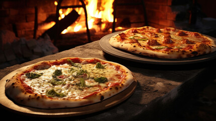 Two freshly baked pizzas with melting cheese and toppings just out of a traditional brick oven.