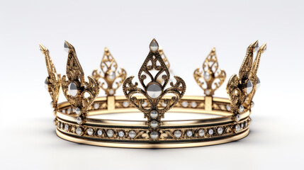 A highly detailed ornate golden crown with intricate designs and embedded jewels on a white background.