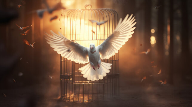 A white dove spreading wings while escaping a birdcage in a surreal forest setting with sunlight.