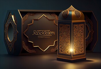 Ramadan Kareem Luxury Islamic Banner Template With 3D Podium, Lantern, Gift Box Arabic Ornament for Product Display, Advertisement, Business. Stage Showcase Isolated on Black Background. Generative AI