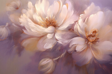 A white and gray flower painting, light purple and light amber, painting style, Baroque style, close-up, light bronze and pink, deep purple and light orange, fine shading, oil painting atmosphere
