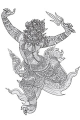 Hanuman line drawing, Thai traditional style for tattoos.
