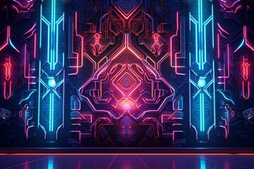 Mesmerizing metallic wallpaper with symmetrical design and vibrant neon lights – captivating and artistic visuals. Generative AI