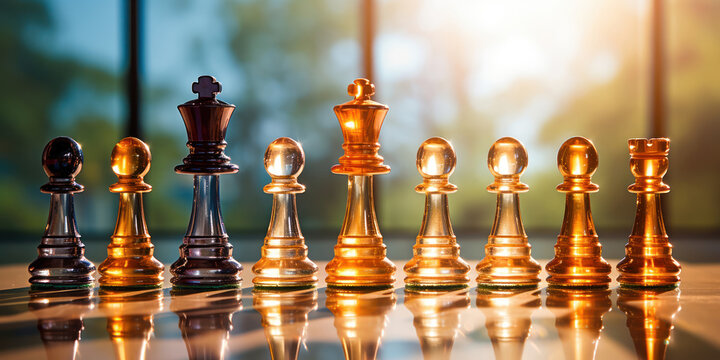 Chess pieces lined up for battle on a gleaming glass board as the first rays of sun break through a window
