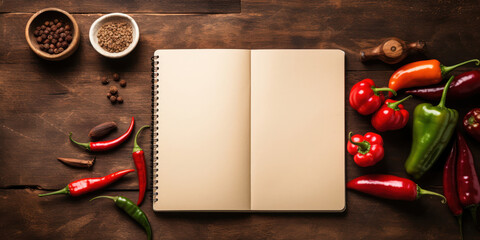 An open notepad ready for recipes next to a wooden spoon and vibrant red chili peppers on an aged kitchen table