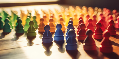 Colorful game pieces clustered on a sunlit table, casting long shadows in a strategic formation