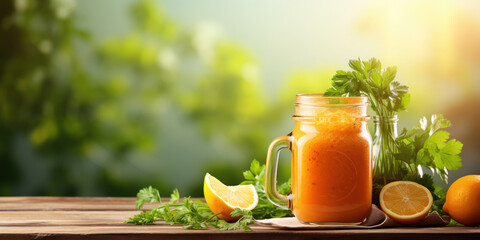Refreshing carrot and orange juice blend in a mason jar, garnished with a sprig of parsley, surrounded by fresh ingredients