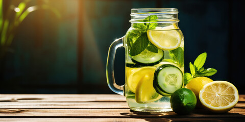 Mason jar filled with clear, sparkling water, cucumber slices, and lemon wedges on a rustic wooden table - obrazy, fototapety, plakaty