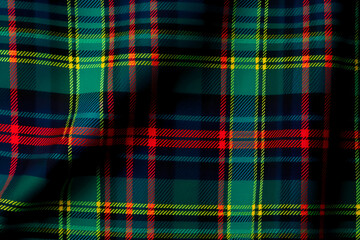 a blue and green colored plaid tartan, in the style of vibrant stage backdrops, dark black and green, precisionist, orderly symmetry, the vancouver school, 3840x2160, mundane materials