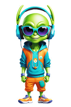 Cartoon green alien with headphones and sunglasses isolated on transparent background illustration