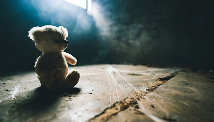 White teddy bear toy sitting alone on the floor in a room of an old abandoned house. Dramatic scary background, copy space for text, darkness horror and freedom concept