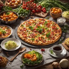 Fototapeta na wymiar Delicious Flammkuchen, thin crispy Italian pizza, food photography, for ads