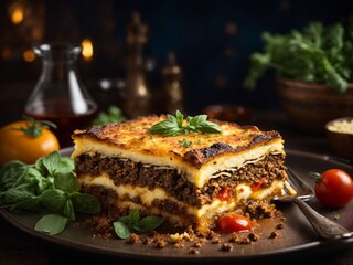 Delicious Greek dish, combo of lamb, oregano, aubgerines and tomatoes, rich cheesy, yogurt topping