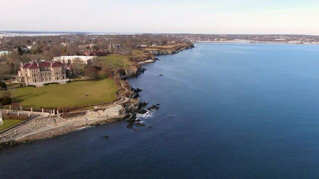Aerial view of Cliff Walk and historic mansions in Newport Rhode Island