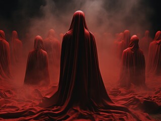 People in red cloaks in a hood gather to perform a ritual.