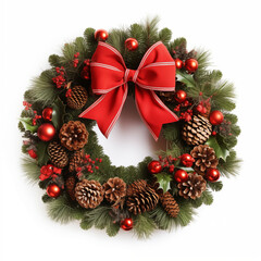 Fototapeta na wymiar Traditional Christmas Wreath Adorned with Golden Bows