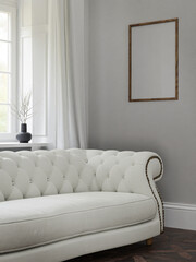 Mockup frame interior background living room cozy  in empty picture and sofa in illustration 3d rendering.