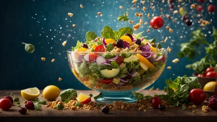 Keuken spatwand met foto Delicious healthy salad, floating, made with nutritious ingredients, leafy greens, vegetables, fruit © Sompadith