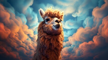 A lone alpaca against a backdrop of swirling, dynamic clouds. - obrazy, fototapety, plakaty