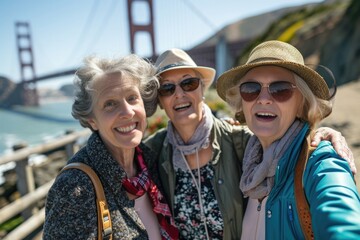 Three smiling female senior tourists visiting San Francisco posing looking at the camera