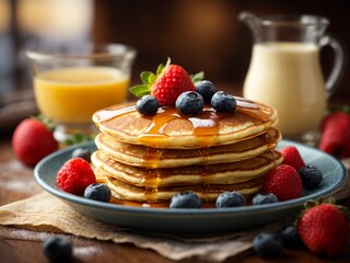 Delicious American pancakes, fluffy, golden-brown discs of breakfast heaven, pillowy texture, sweetness, and topping - obrazy, fototapety, plakaty