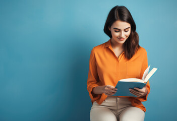 young woman in orange top reading book isolated on blue background - obrazy, fototapety, plakaty