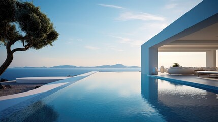 Fototapeta premium view of the Sea through the infinity pool , villa luxury Generative Ai