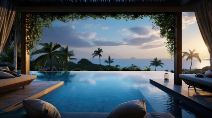 view of the Sea through the infinity pool , villa luxury Generative Ai