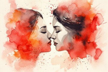 Valentines card with a watercolor painting of a kissing couple. Generative AI