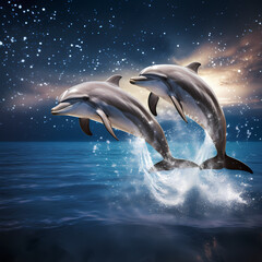 Graceful dolphins leaping in perfect unison under a full moon.