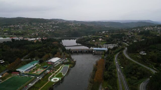 Drone push in to Velle water dam and power plant in Ourense, Galicia, Spain