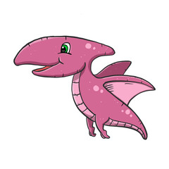 Draw a picture of a dinosaur, a cute pink pterosaur, a winged predator that can fly. Hand drawn on transparent background © onzon