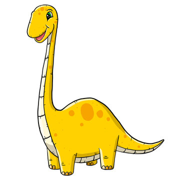 Hand drawn cute yellow brontosaurus long neck dinosaur on transparent background
