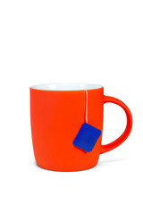 Cup or Mug of Tea with Tea Bag Blank Label Isolated on White Background. File with Clipping Path.