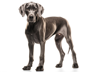 A full-body shot of a graceful Great dane dog standing in side profile, showcasing its sleek and muscular build against a white