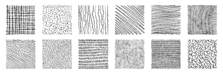 Set of hand drawn pencil crosshatch shapes. Doodle and sketch style. Black squiggle texture of rain, wood, grunge lines.	