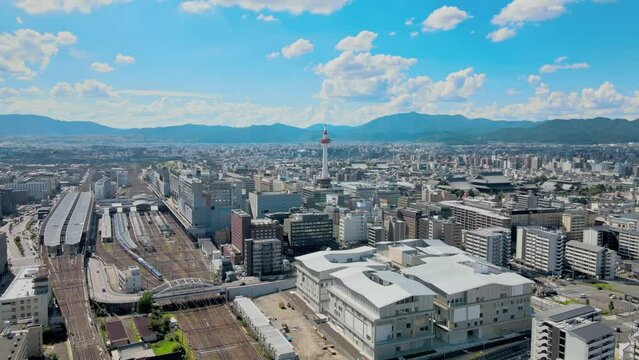 京都駅と京都タワーを空撮
