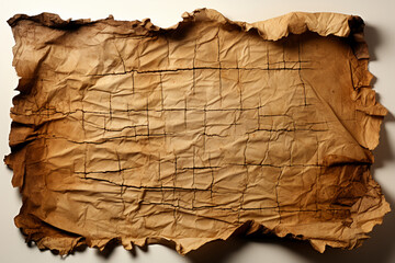 a blank piece of parchment tattered from old age with rolled sides on the left and right, white background