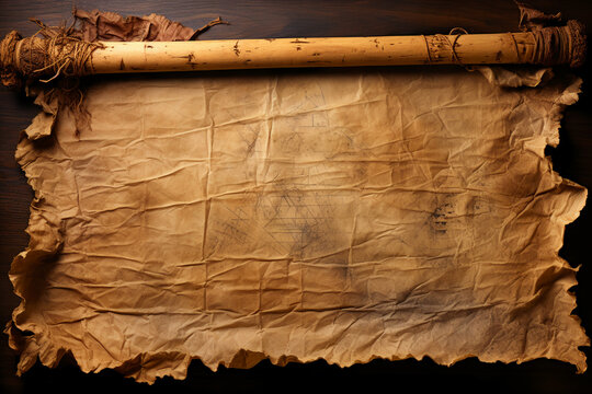 a blank piece of parchment tattered from old age with rolled sides on the left and right, white background