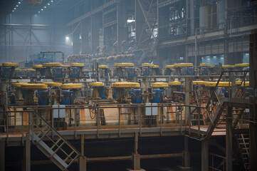 Floatation machines operate with mineral ore at factory