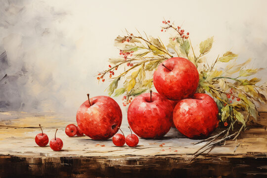 a minimalistic still life painting of apples with brush strokes, primitive rustic style