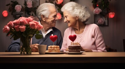 Romantic senior couple celebrating Saint Valentine's Day at home. Beautiful woman and handsome man...