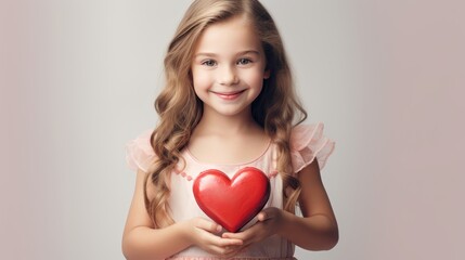 Lovely girl holding red heart, over white background. Love concept. Valentines day