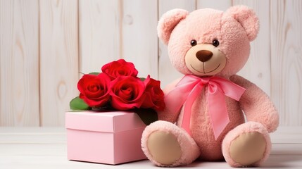 Pink teddy bear holds a bouquet of red roses and one hand holds pink balloons, white background like studio  Generative Ai
