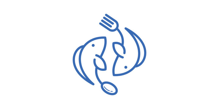 logo design combination of fish shape with spoon and fork, seafood logo, minimalist line.